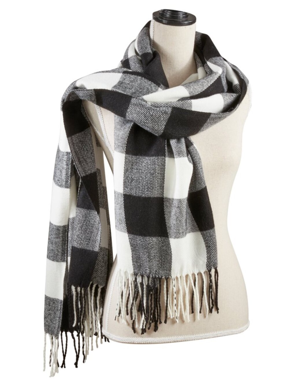 Black and White Buffalo Plaid Scarf with Fringed edges, Acrylic Woven 26 x 71 in